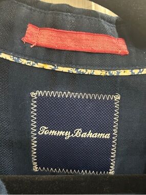Tommy Bahama Indigo Blue Linen Button-Up with Floral Trim